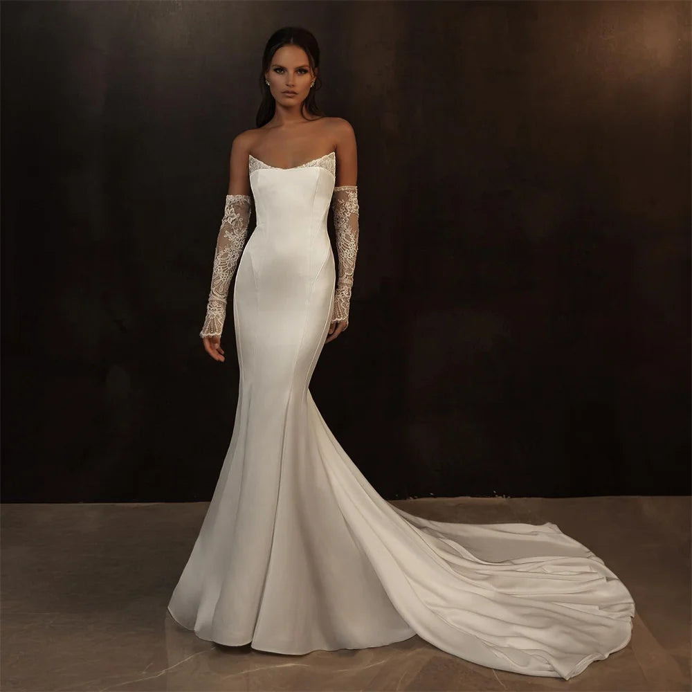 Modern Lace Around V-neck Satin Mermaid Wedding Dresses Long Sleeves Sweep Train Custom Made 2026 Rode De Morrie