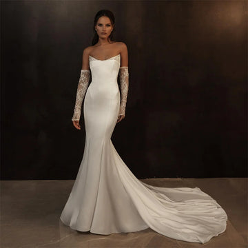 Modern Lace Around V-neck Satin Mermaid Wedding Dresses Long Sleeves Sweep Train Custom Made 2026 Rode De Morrie