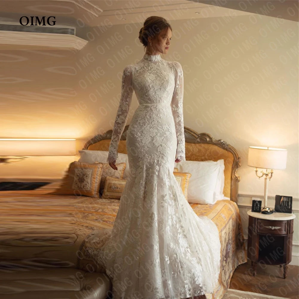 OIMG Vintage Lace Long Sleeves Wedding Dresses Gowns Applique Mermaid High Neck Formal Pricness Bride Bridal Dress Customized