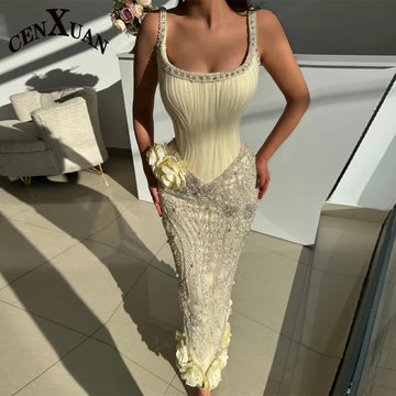 CENXUAN Glamorous Evening Gowns Mermaid Spaghetti Straps Beading Sequined Long Party Dress Vestidos De Festa Customized