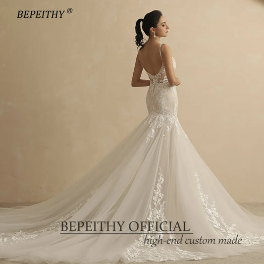 BEPEITHY Customized Sexy Backless Trumpet Lace Wedding Dresses For Women 2022 Bride V Neck Sleeveless Summer Mermaid Bridal Gown