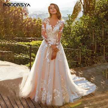 RODDRSYA Customized Elegant Lace A-line Wedding Dress Long Sleeves Bride Gowns Applique O-Neck Sweep Train vestidos de novia