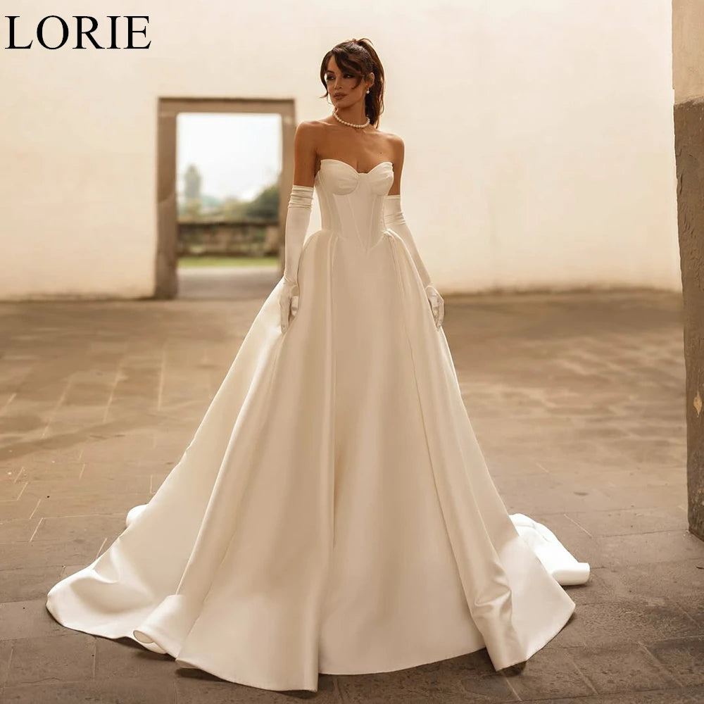 LORIE Elegant Ivory Satin Wedding Dresses A-Line Strapless Pleated Fairy Bride Prom Gown 2025 Bridal Gowns Vintage Customized