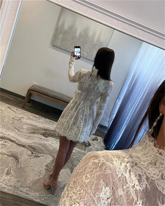 Customized Ivory Mini High Neck Lace Appliques Wedding Dress Long Sleeves vestidos de novia Zip Back Short Gown For After Party