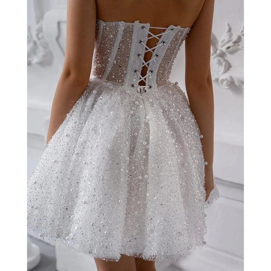 White Off the Shoulder Sequin Wedding Dress Pearl Embellished Straps Sweetheart Neckline Glitter Tulle Bridal Dress Prom Dress