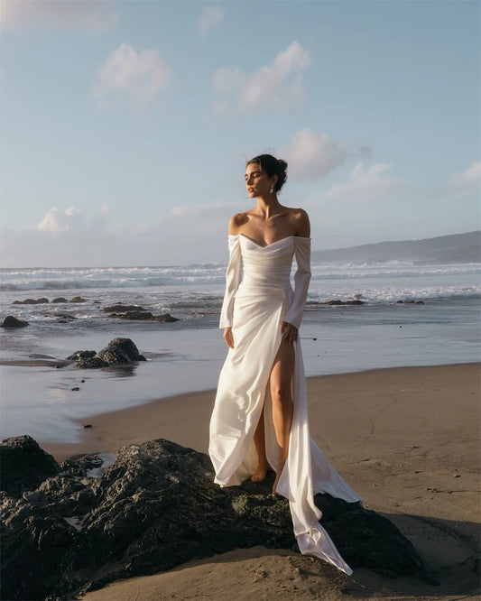New Off The Shoulder Long Sleeves Pleat Sweethart A Line Wedding Dresses Side Slit Custom Made Bridal Grown 2025 Vestido De Noiv