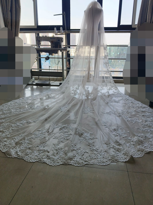 White Ivory 3m 4m 5m One Layer Wedding Veil With Comb Lace Edge Bridal Veils Appliqued Cathedral Wedding Accessorie Veu Velo