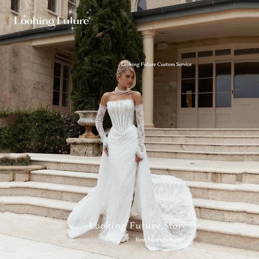 Customized Luxury Lace Appliques Mermaid Wedding Dresses White Sexy Strapless Backless Sleeveless High Slit Bridal Gowns 2025