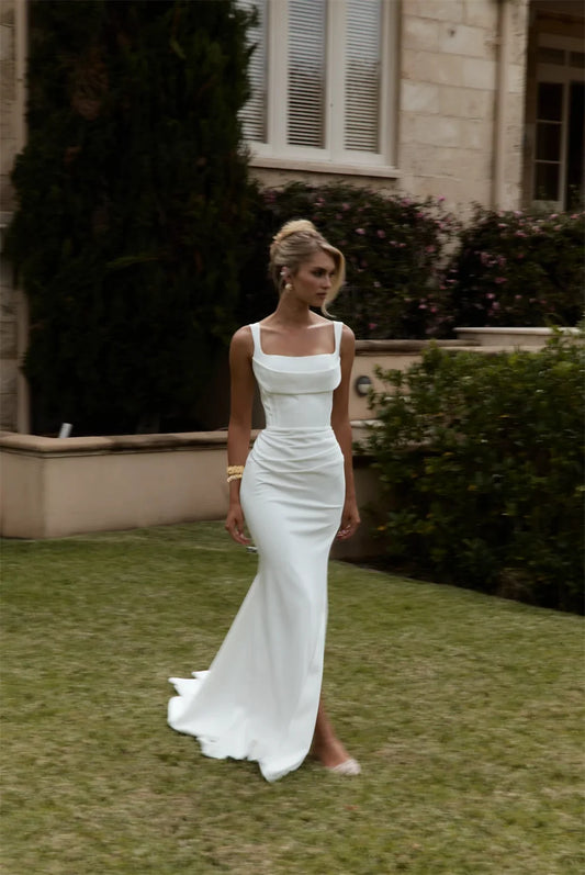 Simple Two Straps Pleat  Fitted Silhouette Satin Wedding Dresses Custom Made Brial Grown 2026 Vestido De Noival