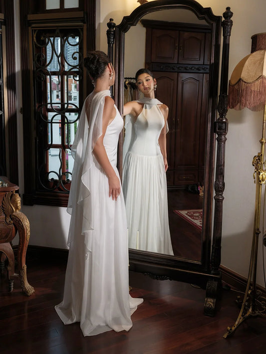 Elegant Wedding Dresses For Women Cape Halter Cloak Sleeveless Boho Bridal Gowns Robe De Mariée Customized Wedding Gown