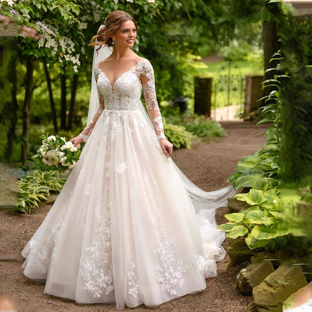 Vintage Long Sleeves V-neck Lace Applique A Line Wedding Dresses Sweep Train Custom Made 2025 Vestido De Noival