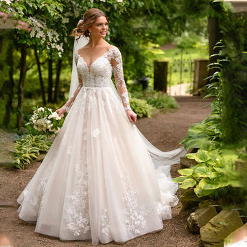 Vintage Long Sleeves V-neck Lace Applique A Line Wedding Dresses Sweep Train Custom Made 2025 Vestido De Noival