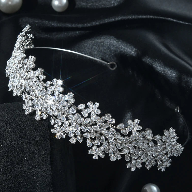 Flower Zircon Tiaras and Crowns CZ Zirconia Headpieces For Brides Prom Pageant Headband Wedding Accessories Bridal Hair Jewelry