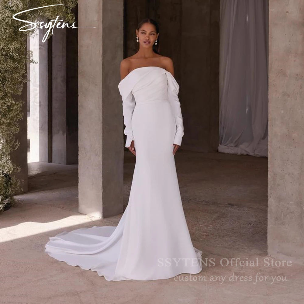 SSYTENS Elegant Mermaid Wedding Dresses Women White Off The Shoulder Long Civil Bridal Gowns Train Vestidos De Novia Customized