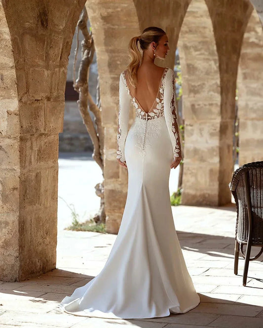Long Sleeve Deep V-Neck Satin Wedding Dress – Elegant Fitted Mermaid Bridal Gown | Maison Bridal