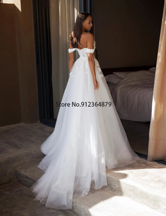 Moder Off The Shoulder 3D Flower Lace Applique Tulle Organza Boho Beach A Line Wedding Dresses Side Slit Custom Made 2023 Vestid