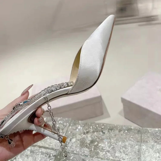 New Design White Satin High Heels Female Rhinestone Pointed Toe Sandals Bridesmaid Bride Wedding Shoes Party Pumps