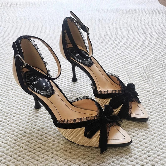 Stiletto heels spring and summer new pointed toe shallow lace mesh rhinestone flat wedding shoes banquet dress women's sandals