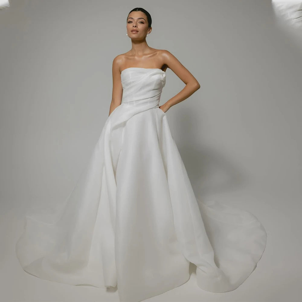 Elegant Pleat Strapless Organza A Line Wedding Dresses Side Slit Custom Made Bridal Grown 2026 Vestido De Noival