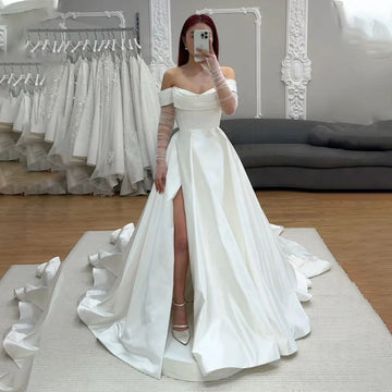 Elegant Off The Shoulder Pleat Sweetheart Satin Sheath Wedding Dresses Side Slit Detachable Train 2 In 1 Rode De Morrie