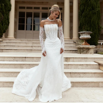 Romance  Scoop Neckline Full Lace  V-shaped Waistline Mermaid Wedding Dresses With Detachable Train Side Slit 2026 Rode De Morri