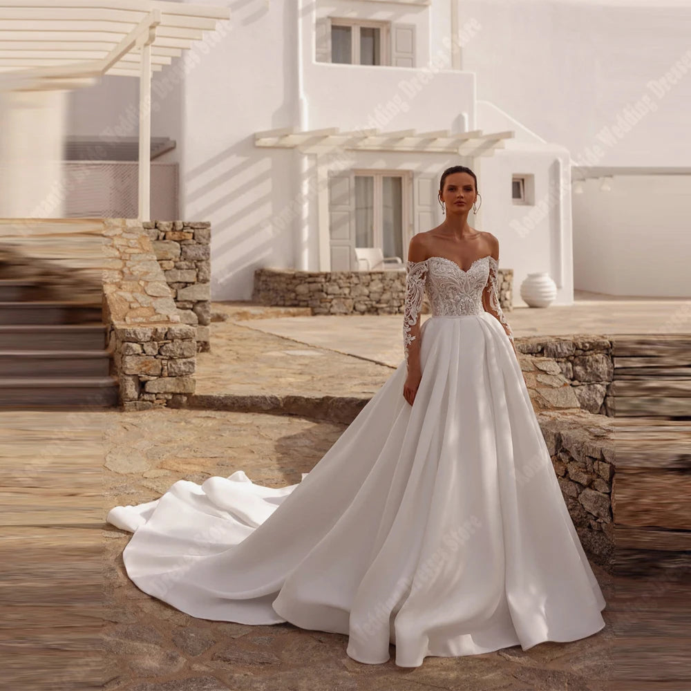 Celebrity A-Line Wedding Dress For Women Off Shoulder Long Sleeves Prom Gowns Formal Lace Applique Vestidos De Novias Customized