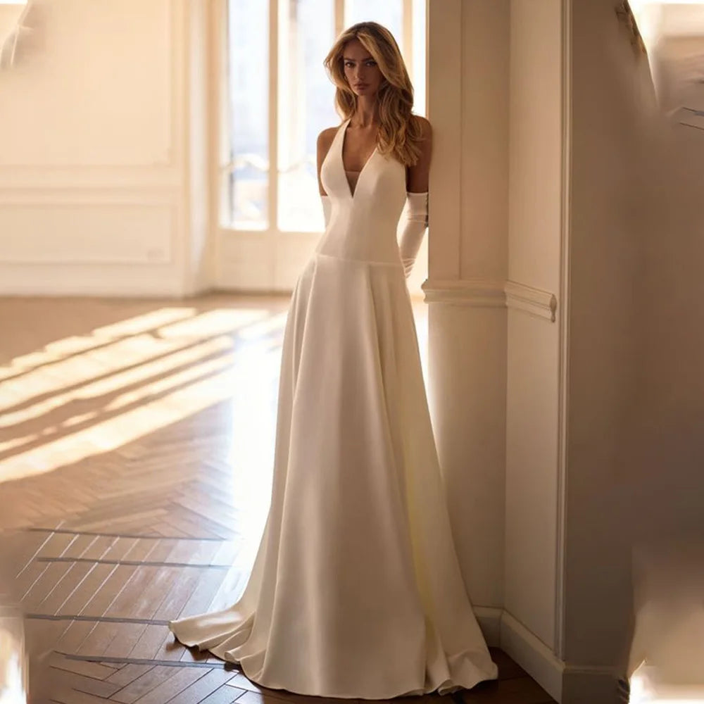 Chic V-neck Satin A Line Wedding Dresses Backless  Custom Made 2026 Rode De Morrie