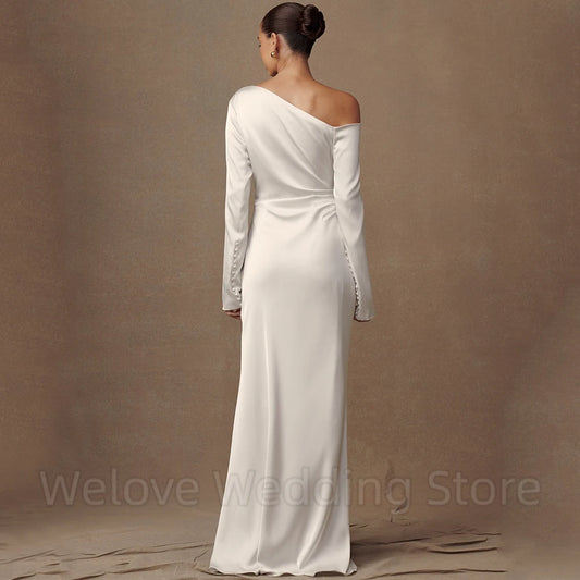 Welove Simple Boat Neck Mermaid Wedding Dress Bride Long Sleeves Off the Shoulder with Buttons Soft Satin Customized Gowns