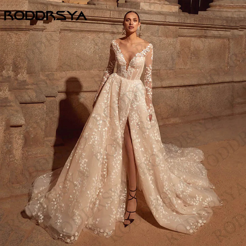 RODDRSYA Wedding Dresses for Brides 2025 Long Sleeves Bridal Dress Luxury Lace A Line Illusion Back vestidos de novia Customized