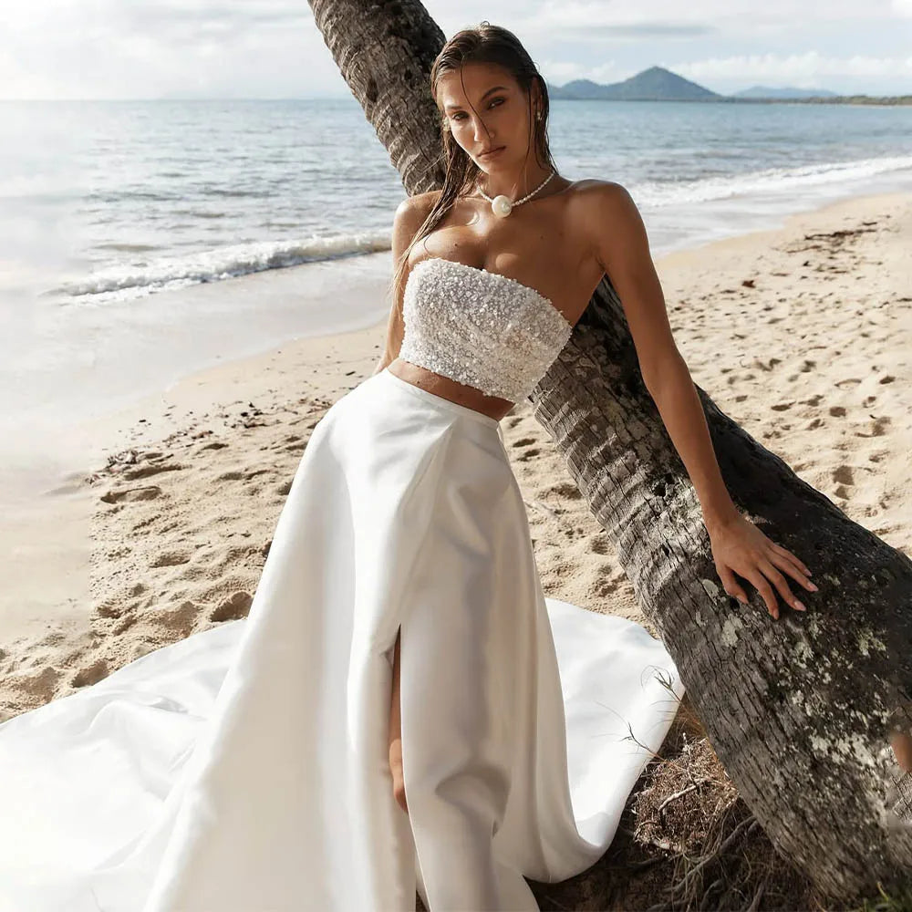 Shiny Beaded Sequined Two Piece Wedding Dresses Side Slit Custom Made 2026 Vestido De Noival