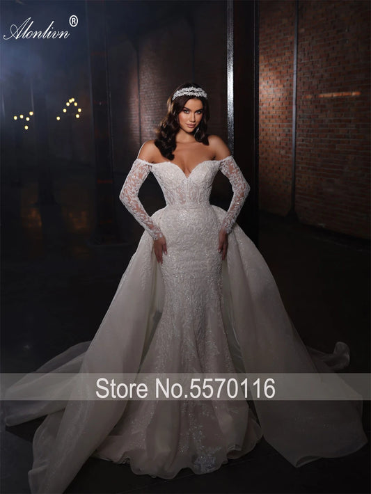 Alonlivn Luxurious Embroidery 2 In 1 Mermaid  Bridal Gown Beading Appliques Lace Off Shoulder Sleeves Sweetheart Wedding Dress