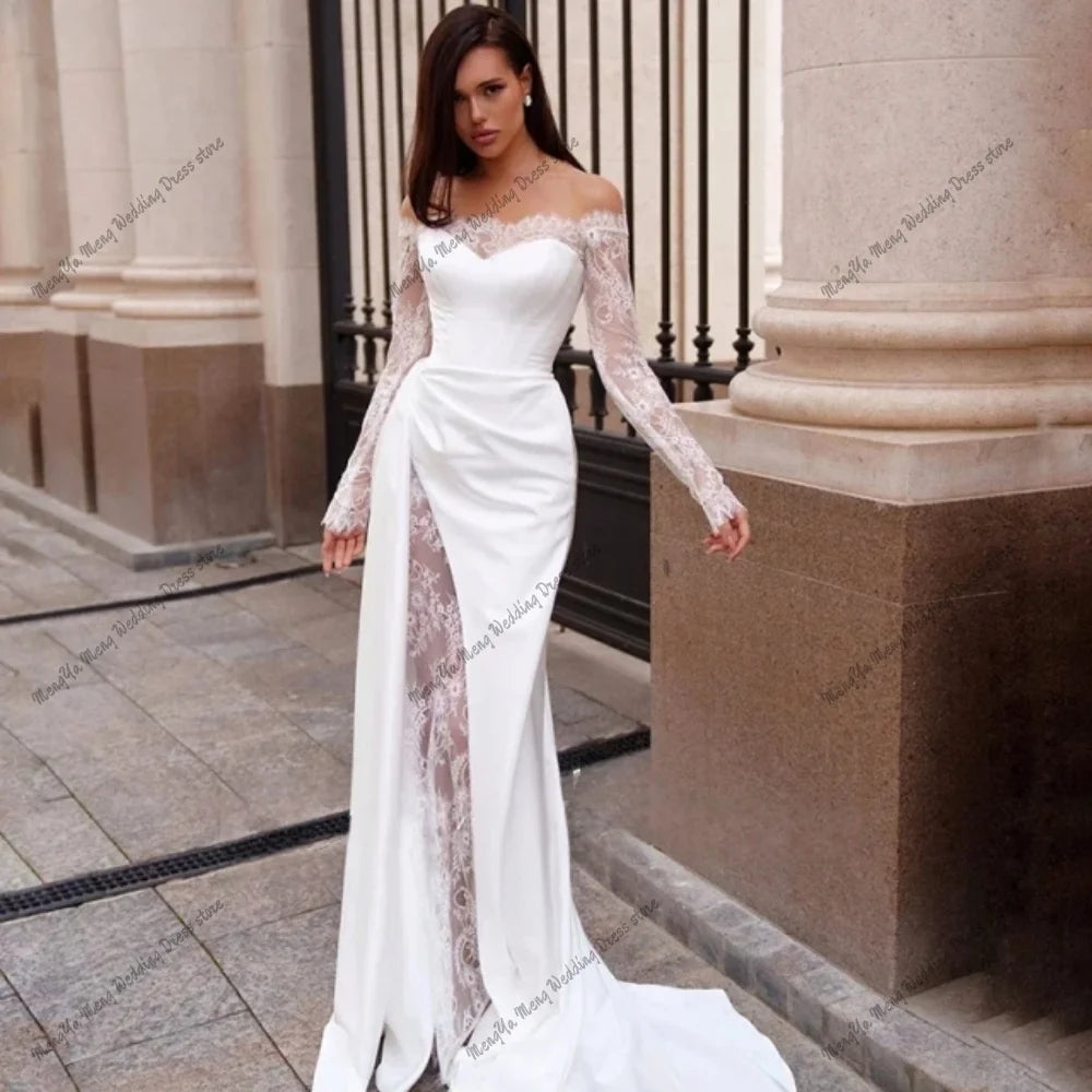 ZHUISHU Elegant Lace Long Sleeves Satin Mermiad Wedding Dress Off The Shoulder Sweep Train Graceful Vestidos De Novia Customized