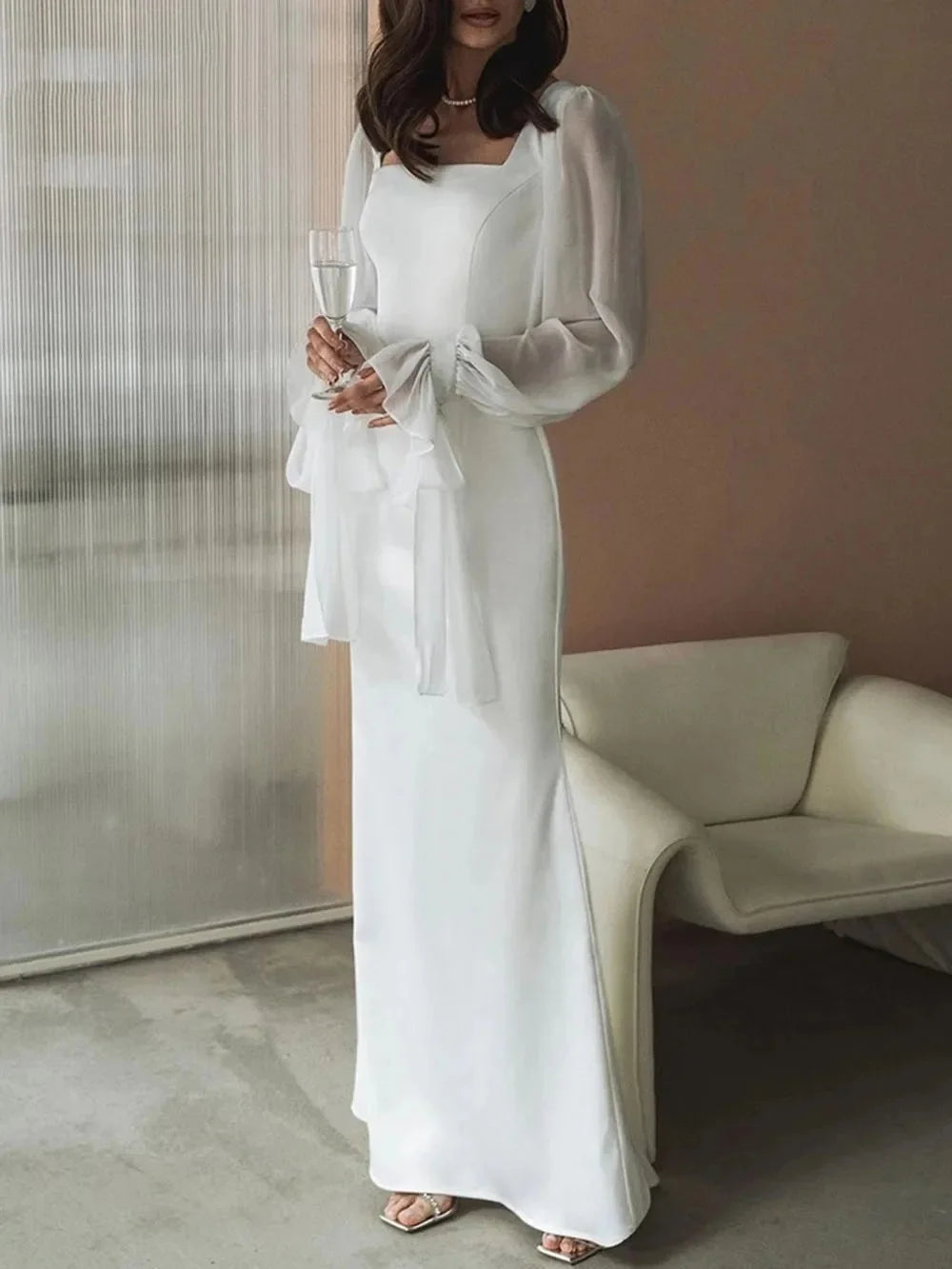 Simple Wedding Dresses Square Neck Puff Sleeves Civil 2024 Satin Bride Dresses Vintage CCustomize To Measures 2024 Bride Gown