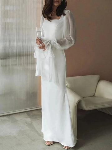 Simple Wedding Dresses Square Neck Puff Sleeves Civil 2024 Satin Bride Dresses Vintage CCustomize To Measures 2024 Bride Gown