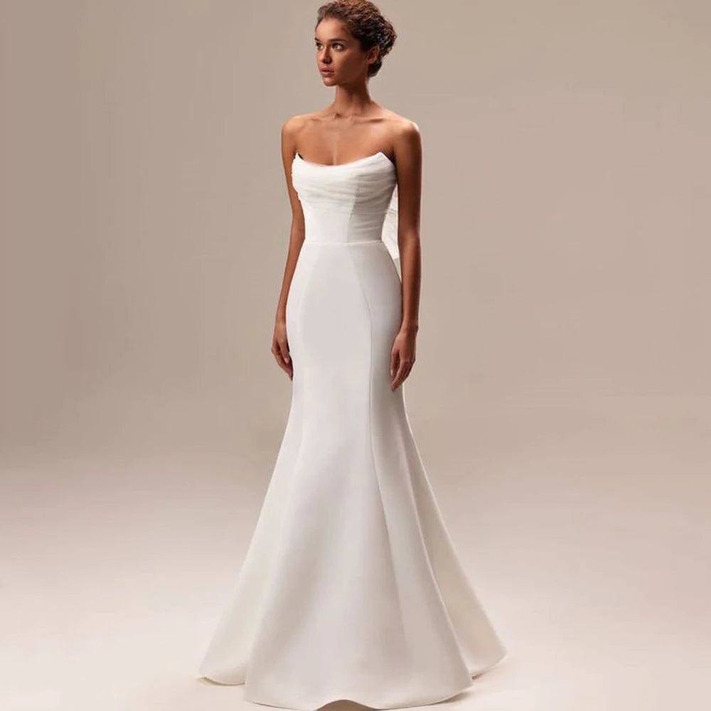Simple Customized Mermaid Wedding Dress Strapless Sleeveless Satin and Tulle Pleat Sexy Open Back Bride Marriage Gowns Robe