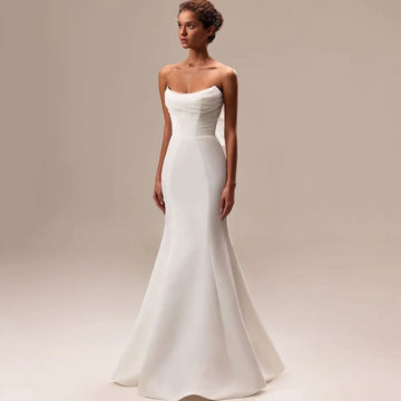 Simple Customized Mermaid Wedding Dress Strapless Sleeveless Satin and Tulle Pleat Sexy Open Back Bride Marriage Gowns Robe
