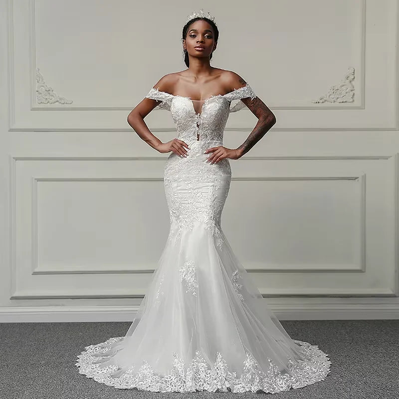 Customized Boat Neck Wedding Dresses for Women flower pattern applique Bridal Gown vestidos de novia robe de mariée