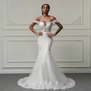 Customized Boat Neck Wedding Dresses for Women flower pattern applique Bridal Gown vestidos de novia robe de mariée