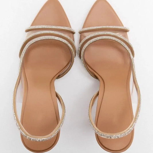 Summer 2025 Women's Sexy Hollow out Toe High Heels Fine Heel Sparkling Water Diamond Embellished Sandals Pointed Toe Slip-On