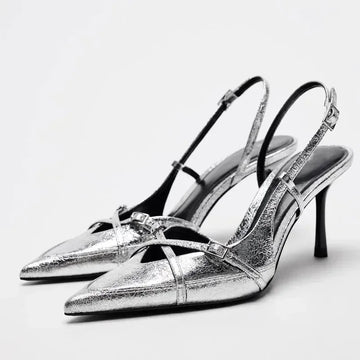 Luxury Silver Mules High Heels Women Sexy Pointed Toe Slingbacks Thin High Heels Sandals Elegant Metal Buckle Design Women Pumps