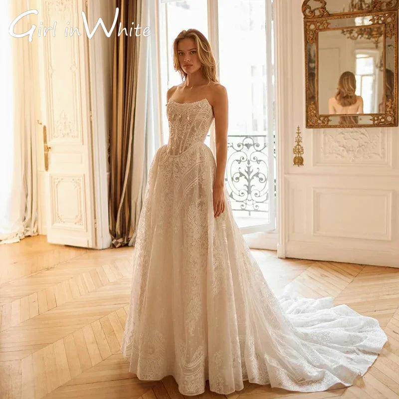 Charming A-line Off Shoulder Lace Appliques Wedding Dresses vestidos de novia Backless Modest Wedding Gown 2025 Customized