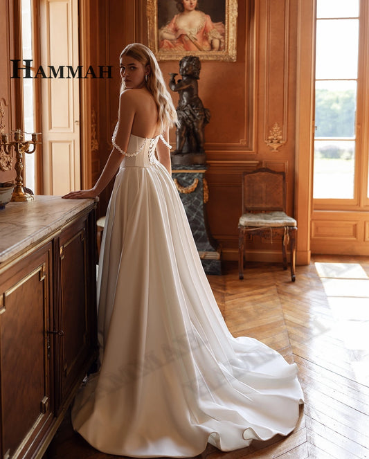 HAMMAH Elegant Pearls Wedding Dress Slit Sweetheart Pleat A-line Lace up Off the Shoulder Chapel Train Robe De Mariee Customized