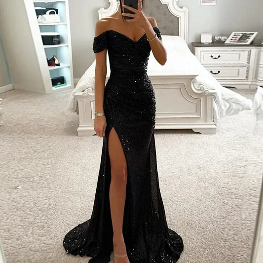Women Mermaid Champagne Evening Maxi Dresses 2025 Elegant Off-Shoulder Sequin Split Formal Prom Dresses For Party Customized