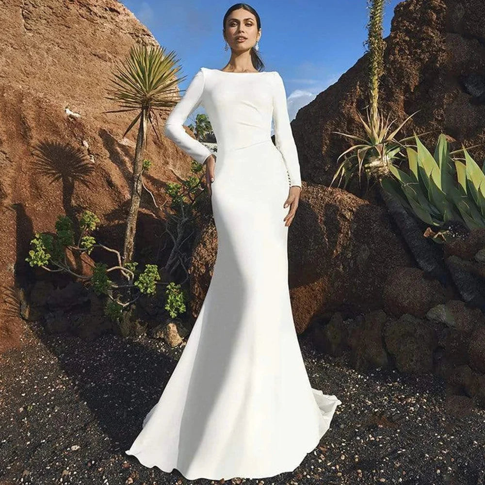 Elegant Mermaid Scoop Wedding Dresses Long Sleeve with Button Satin Bride Formal Dress Illusion Applique Back Sweep Train Custom