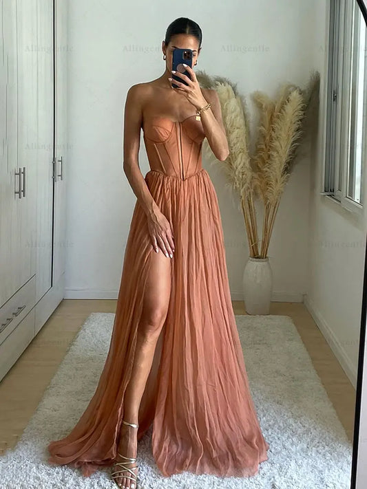 Yellow Chiffon Prom Dress 2026 Strapless A-Line Split Wedding Party Dress Customized Sleeveless Floor-length Vestidos De Fiesta