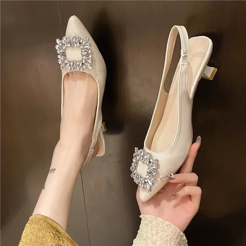 Fashion Summer Women Sandals New Women's Shoes Pointed Toe Shallow Nude Pink Diamond Shoes Low Heel Back Strappy Shoes Women