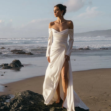 New Off The Shoulder Long Sleeves Pleat Sweethart A Line Wedding Dresses Side Slit Custom Made Bridal Grown 2025 Vestido De Noiv