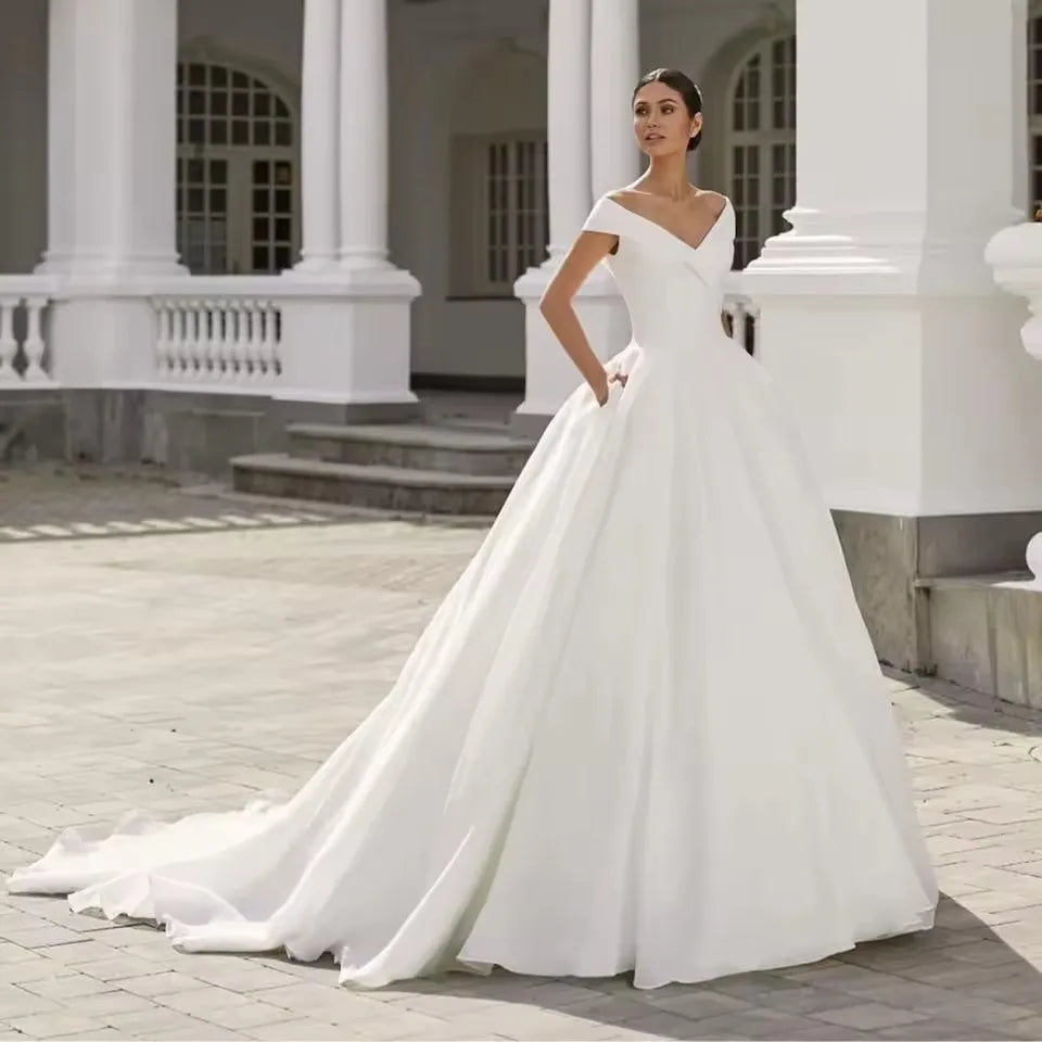 Wedding Dresses A Line Women Off The Shoulder Satin Classy Bride Party Dress Bespoke vestidos de novia Bridal Gown Customized