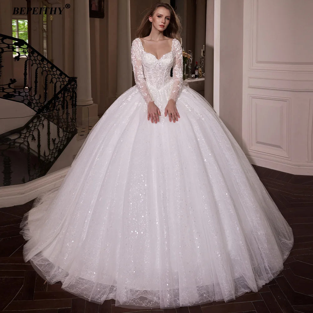 BEPEITHY Customized Princess Glitter Ivory Wedding Dresses Women Full Sleeves Lace Ball Bridal Gown Court Train 2025 Sweetheart