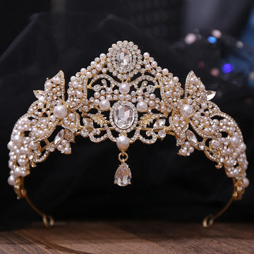 KMVEXO Baroque Luxury Crystal Pearl Tassel Tiara Crowns For Women Wedding Party Bridal Flower Bowknot Crown Hair Dress Accessory